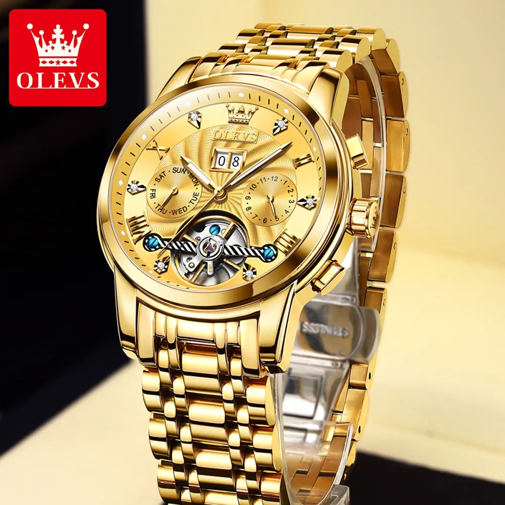 OLEVS 9910 Fashion Genuine Stainless Steel Strap Tourbillon Own Brand Luxury Automatic Oem Mechanical Watch Men Wrist Watch