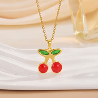 Kalung Liontin Buah Ceri Baja Anti Karat Lapis Emas 18K, Rantai Klavikula Bunga Temperamen Trendi, Perhiasan Zirkon Tahan Air