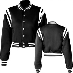 Women Varsity <b>Jacket</b> Black White Contrast Color Full <b>Sleeve</b> Button Up Collar <b>Short</b> Length Autumn Streetwear - Product Image 1