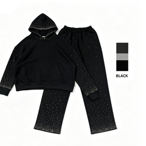 Ensemble de survêtement 2 pièces personnalisé avec strass, comprenant un sweat à capuche court et un pantalon large, style streetwear pour homme - Product Image 1