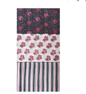 Black Pink Floral Stripe Hand Block Printed Cotton Fabric <b>Set</b> For Dress Kurta <b>Sewing</b> Home Textile Craft Apparel Material - Product Image 1