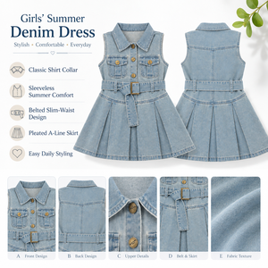 Abito Estivo in Denim per <span class=keywords><strong>Bambina</strong></span> 2026, Senza Maniche, Colletto Polo, con Cintura in Vita, Vestito in <span class=keywords><strong>Jeans</strong></span> a Trapezio, Abbigliamento Casual Vintage per Bambini, Stile Boutique - Product Image 5