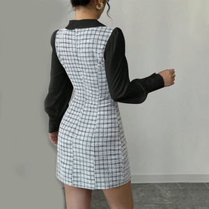 Femme Noir Blanc Tweed Plaid Longsleeve Puff Bodycon Mini Dress Evening Gown Formal Party Office Lady - Product Image 4
