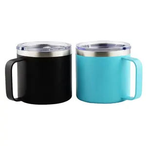 High quality powder coat painting handle vacuum coffee cup mug with lid,14oz tumbler mug small MOQ