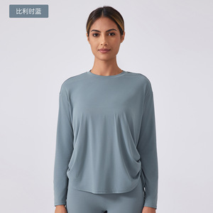 T-shirts de yoga à manches longues avec cordon de serrage latéral, logo personnalisé, style élégant, surdimensionnés, pour la salle de sport, t-shirt de haute qualité pour femmes - Product Image 2