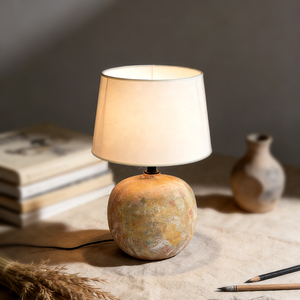 Vintage Ceramic <b>Table</b> Lamp with Fabric Shade - Rustic <b>Bedside</b> Lamp for Bedroom & Living Room, Warm Ambient Lighting - Product Image 2