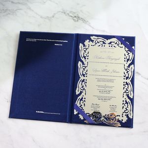 Lujo personalizado frustrado azul marino seda tela cinta Tapa dura plata espejo acrílico Tarjeta de invitación para menú boda negocios - Product Image 3