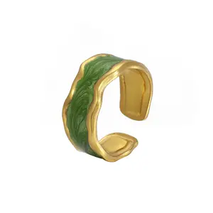 NUORO Hot Sale Women Green Enamel Rings Jewelry Stainless Steel Gold Plated Irregular Vintage Oil Drop Opening Ring