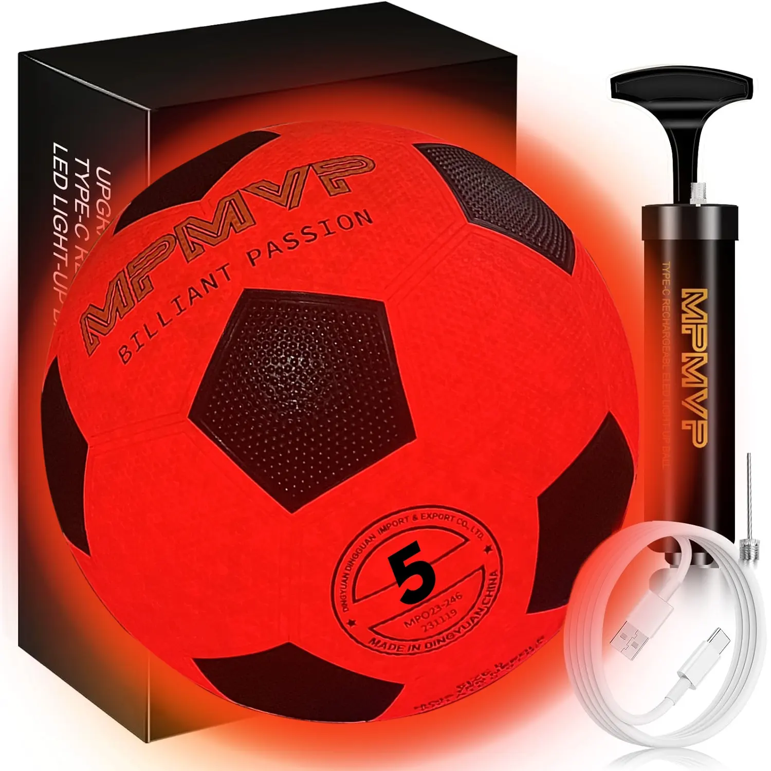 MPMVP USB ricaricabile led pallone da calcio dimensione 5 luminoso fino bagliore in gomma LED scuro pallone da calcio