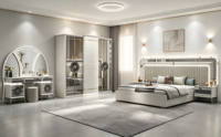 Ensemble de chambre à coucher moderne avec lit king-size en velours gris clair et doré, 1800x2000mm, lit LED, armoire et coiffeuse personnalisables