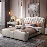 Luxuriöses Echtleder-Bett im Italienischen Stil, Weiches Bett aus Massivholz, 1,8m Doppelbett mit Stauraum, Hoher Bettkasten mit Seitenschubladen, Master-Bett