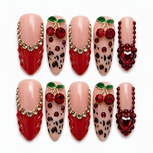 Faux ongles carrés longs pré-dessinés en acrylique avec strass cerise à presser pour les doigts - Product Image 1