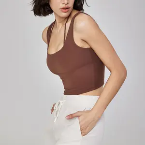 Women's Solid Colors Square Neck Fitted Shockproof Yoga Crop Top Nude Feeling Fabric Removable Pads Halter Gym Tops 2024