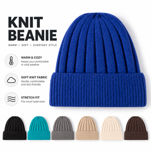 Bonnet en tricot acrylique premium, chaud pour l'hiver, côtelé avec revers plié, doux, effet amincissant, unisexe, vente en gros, logo personnalisé - Product Image 1