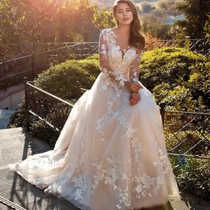 White Ball Gown V-Neck Long Sleeve Embroidered Lace Net Wedding Dress For Reception Evening Wear - Product Image 1