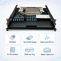 Boîtier fibre optique 1U pour montage en rack 24 fibres, 12 adaptateurs duplex LC/UPC, pigtail monomode, plateau de raccordement coulissant, panneau de brassage 19 pouces