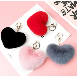 New Pom Pom Heart Shape Fur Ball Keychains Fashion Colorful Cute Fluffy Bag Purse Charm Accessories With Golden Keyring