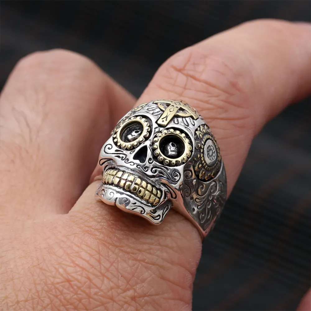 Cincin Tengkorak Sterling Pria, Cincin Tengkorak Hitam Ukiran Crosssun Flowerskeleton, Cincin Perak Vintage