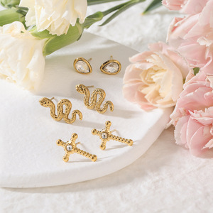 Snake <b>Stud</b> <b>Earrings</b> Gold Plated Stainless Steel Cross Zircon Jewelry For Women Gift Fashion <b>Earrings</b> - Product Image 3