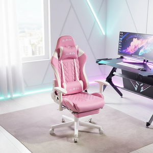 เก้าอี้เกมมิ่งหนังแท้ปรับระดับได้ หมุนได้ รุ่น 5934 สีชมพู พร้อมที่พักเท้า - Product Image 1