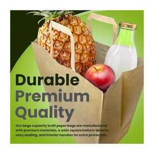Sacs en papier kraft brun recyclables avec logo personnalisé et poignées plates, emballage alimentaire de luxe pour la vente à emporter, pour une utilisation en supermarché, promotion - Product Image 6