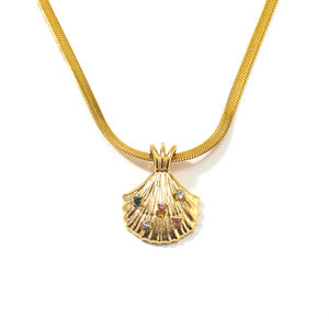 Nouveau populaire en acier inoxydable plaqué or 18 carats collier en forme de coquille pour les femmes mode en forme d'éventail Zircon pendentif fête - Product Image 6