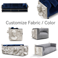 Canapé de luxe en velours bleu avec accoudoirs sculptés, design unique, rembourrage en éponge, idéal pour villas, appartements et salons