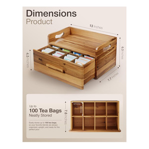 Solid Wood Tea <b>Storage</b> <b>Box</b> With <b>Drawer</b> Rectangular Decorative <b>Storage</b> Bin For Kitchen Organization - Product Image 3