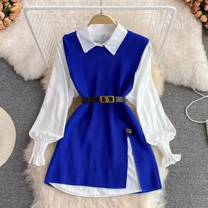 เสื้อเชิ้ตสีขาวดีไซน์ใหม่สำหรับฤดูใบไม้ผลิและฤดูใบไม้ร่วงของ Maxfree ชุดเสื้อถักแบบมีรอยผ่า ดีไซน์เก๋สำหรับผู้หญิง ชุดสองชิ้น - Product Image 5