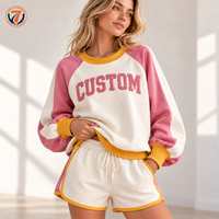 Ensemble décontracté pour femme : Sweat-shirt et short athleisure rose colorblock avec broderie lettres et bordure contrastante, cordon de serrage