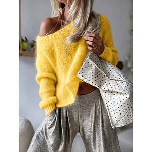 Women's Lemon Yellow Drop Shoulder Crew Neck Cotton Knit <b>Pullover</b> <b>Sweater</b> with Front Logo for Autumn Winter - Product Image 5