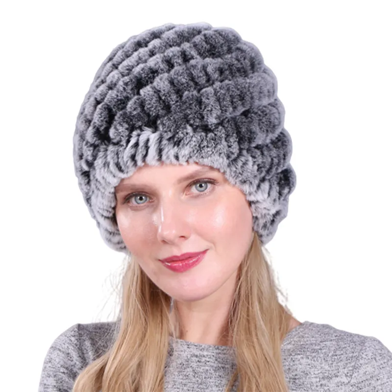 Vente en gros chapeau d'ananas de Style russe pour femme, bonnet d'hiver tricoté en fourrure de lapin véritable Rex, chapeau duveteux