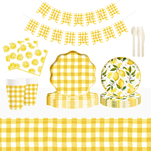 DAMAI - Juego de Vajilla Desechable con Diseño de Limón Amarillo para Fiestas de Cumpleaños, Incluye Platos de Papel, Pancarta y Mantel - Product Image 2