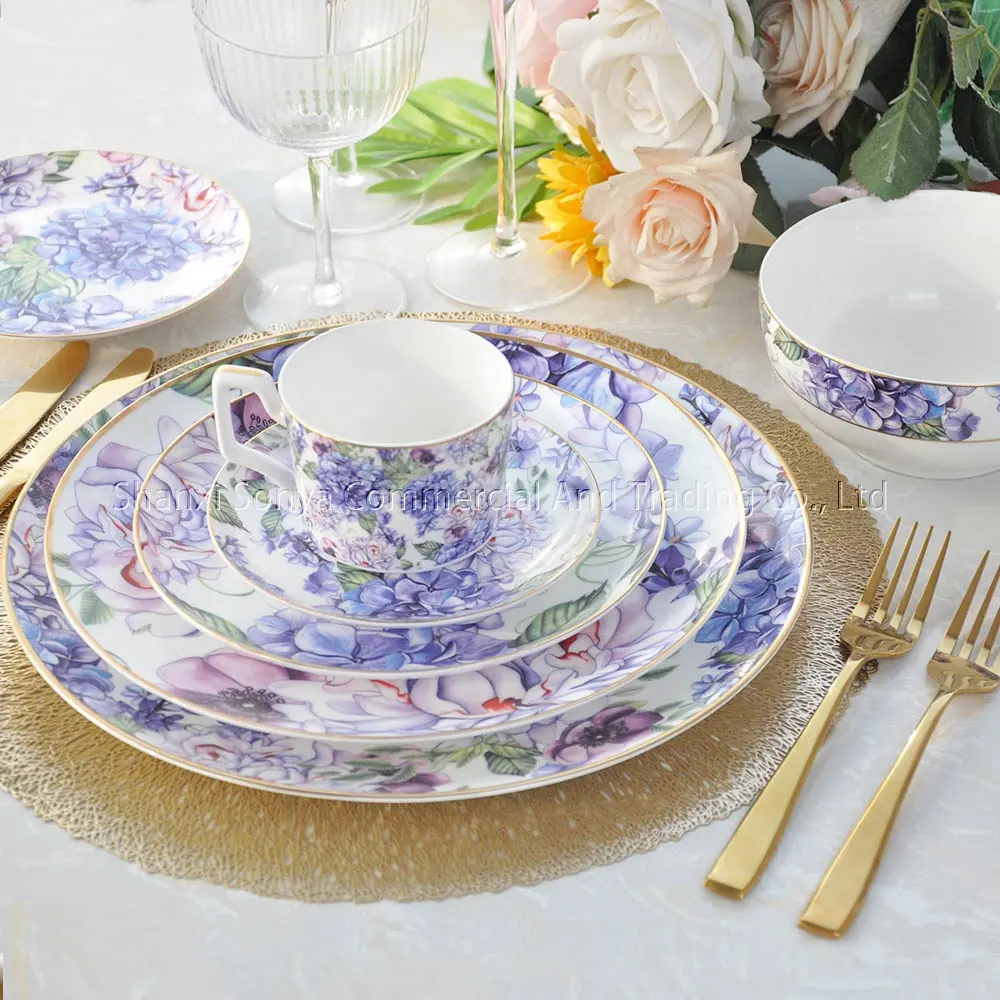 Wholesale factory purple flower ceramic dinnerware plate set with gold rim dinner set for wedding fiesta party hotel restaurant