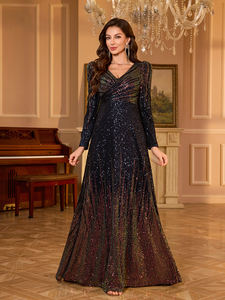 <span class=keywords><strong>Vestido</strong></span> de noche elegante de alta gama para mujer, con textura, cuello en V, manga larga estilo <span class=keywords><strong>princesa</strong></span>, ajustado, brillante, con lentejuelas, <span class=keywords><strong>corte</strong></span> en A, formal, largo. - Product Image 3