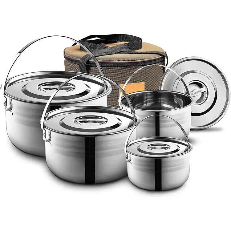 Удобные кастрюли и сковородки для приготовления пищи на открытом воздухе, набор посуды из нержавеющей стали