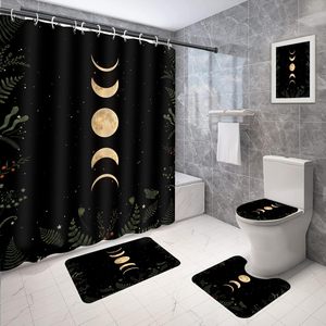 Juego de 4 piezas: Cortina de ducha con fases lunares, diseño de plantas celestiales, estilo gótico, brujería y misticismo; Tapa de inodoro y alfombrilla de baño en forma de U - Product Image 1