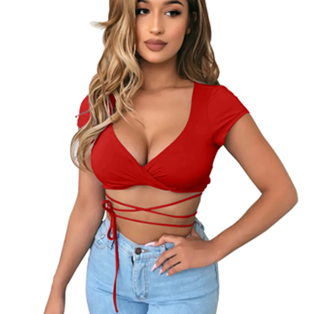 New Summer V Neck Lace Up Backless Crop Tops Sleeve Women Clothing Short Sleeve Bandage Sexy Party Crop Tops