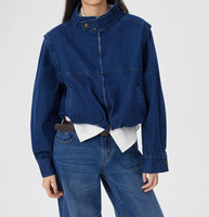 Blouson bomber en jean bleu foncé pour femme, col montant, fermeture éclair, ourlet élastique, veste courte décontractée en jean pour le printemps et l'automne