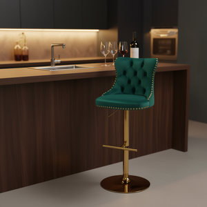 Tabouret de bar en velours vert capitonné, hauteur réglable 25-33 pouces, dossier rembourré moderne pour bar à domicile - Product Image 2