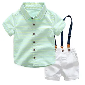 Top quality kids clothing European children boy striped shirt and suspender shorts set kids clothing sets boy