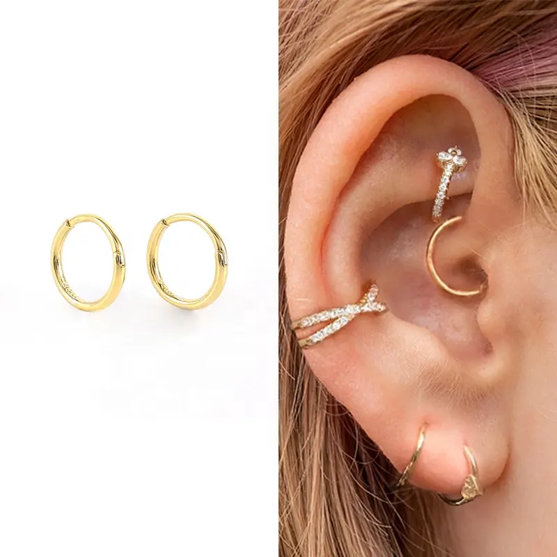 Brincos invisíveis para mulheres, 2 peças, piercing de osso de prata 925, brinco de argola, joias de anel de nariz e barriga