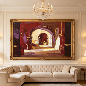 <span class=keywords><strong>Peinture</strong></span> architecturale Art Déco impasto peinte à la main sur toile, arches superposées, dorure délicate, prune bordeaux riche, à suspendre - Product Image 6