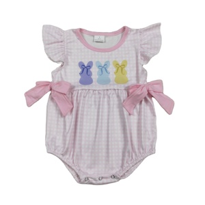 RTS Pelele de burbuja para bebé niña con estampado floral y lazos de conejito de Pascua, con cremallera oculta, 95% algodón peinado, para recién nacido, venta al por mayor - Product Image 1