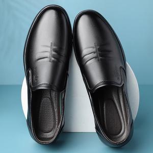 Mocassins en cuir pour hommes, bout rond, à enfiler, semelle extérieure en caoutchouc respirante, couleur unie, chaussures décontractées d'automne - Product Image 3
