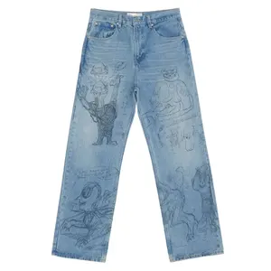 Calça jeans masculina personalizada com estampa de perna inteira, calça solta para trabalho de casa, moda única e personalidade casual, moda de rua
