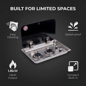 Cuisinière à <span class=keywords><strong>gaz</strong></span> intégrée légère en acier inoxydable 304 brossé argenté à 2 brûleurs avec couvercle <span class=keywords><strong>pour</strong></span> camping-car et <span class=keywords><strong>caravane</strong></span> - Product Image 1