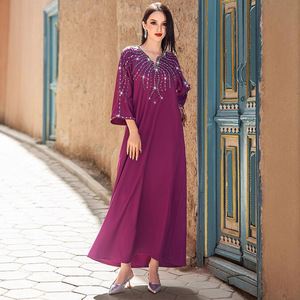 BA5149 nouvelle Robe arabe pour femmes <span class=keywords><strong>framboise</strong></span> violet broderie et strass robe cousue à la main printemps Polyester Abaya vêtements d'exportation - Product Image 1