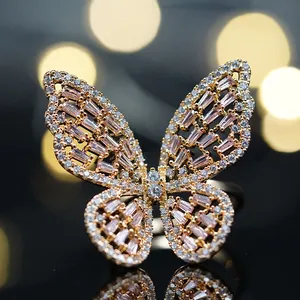 Anéis de zircônia aberto de borboleta, mulheres anéis luxuosos personalizados hipster