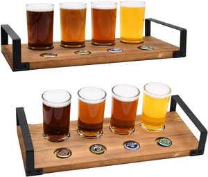 Plateau de service en bois pour bière artisanale et bijoux avec rangement pour bouchons de bouteilles, 4 verres, poignées en métal noir, brun foncé - Product Image 4